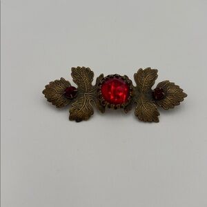 Vintage Red Rhinestone Leaf Brooch Brass Filigree Pin Mid Century Style